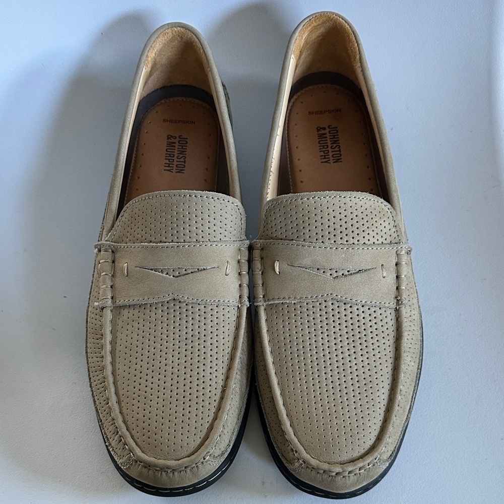 Johnston & Murphy sheepskin perforated leather slip on loafers